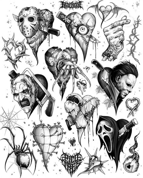 Collection of black and white heart tattoo designs inspired by horror movies. Includes characters like Jason Voorhees, Michael Myers, Pennywise, and Ghostface. Various heart shapes with horror elements like knives, stitches, and spiders Heart Tattoo Flash, Horror Tattoo Ideas, Tattoo Real, Horror Drawings, Goat Tattoo, Couple Tat, Horror Sleeve, Tattoo Flash Ideas, Leg Tats