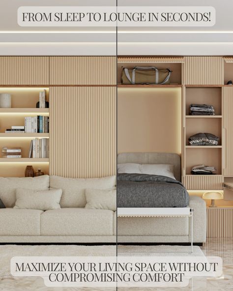 Maximize your living space with Nook Signature! This stunning Murphy bed system with a sofa combines functionality, elegance, and European craftsmanship. Perfect for small spaces or multi-purpose rooms, this system includes: ▫️A comfortable sofa ▫️Integrated wardrobe ▫️Open shelving with LED lighting ▫️An extendable table We bring your vision to life with custom designs tailored to your needs! 👍🏽 Proudly serving Miami and beyond. 💬 DM us, visit our website, or call us today for a consu... Living Room With Murphy Bed, Integrated Wardrobe, Extendable Bed, Wardrobe Open, Extendable Table, Multipurpose Room, Comfortable Sofa, Murphy Bed, Led Lighting