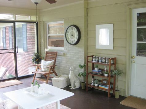 Painting our exterior bricks in the sunroom to make it feel more cozy like an indoor room. Brick Wall Paint, Brick Sunroom, Painted Brick Wall, Brick Bedroom, Sunroom Remodel, Painted Brick Exteriors, Conservatory Interior, Interior Brick, Brick Fireplace Makeover