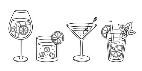 Hand drawn set of Tropical exotic cocktails doodle. Summer Alcoholic Drinks in sketch style. Vector illustration isolated on white background. Cocktail Drawing Simple, Cocktail Doodle, Summer Alcoholic Drinks, Blackboard Design, Cocktails Drawing, Summer Drinks Alcohol, Window Color, Tropical Drink, Sketch Style