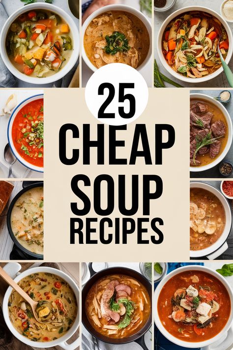 Want to feed a crowd on a budget?  These 25 cheap soup recipes are perfect for family gatherings, potlucks, or any occasion where you need to stretch your grocery budget. Discover affordable options using inexpensive ingredients like beans and lentils, economical vegetable soups, and hearty potato-based recipes.  Learn to make cheap soups and stews that are both satisfying and cost-effective.  These budget-friendly options will have you cooking up delicious meals without breaking the bank. Affordable Soup Recipes, Soups To Feed A Crowd, Fast Soups For Dinner, Diy Soup Recipes, Soups For Crowds, Crowd Pleasing Soup Recipes, 5 Ingredient Soup Recipes, Cheap Soups For A Crowd, Pantry Soup Recipes