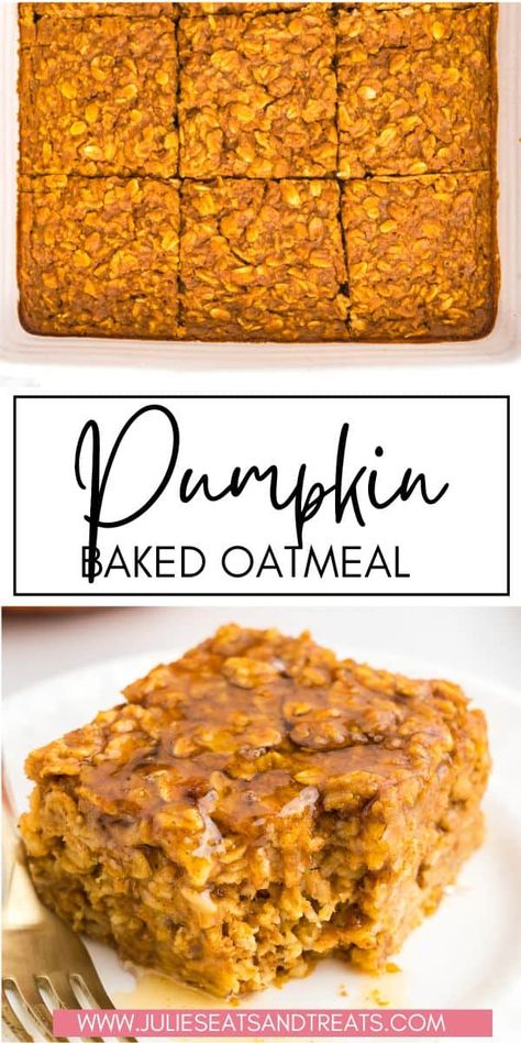 Mix up your breakfast with this healthy Pumpkin Baked Oatmeal which is great for meal prep or serving for a delicious fall breakfast. Perfect spiced with warm fall flavor it will fill you up until lunch! Make this quick and easy pumpkin recipe for breakfast soon. Oatmeal Bake Pumpkin, Healthy Breakfast Recipes For One, Healthy Oatmeal Deserts, Pumpkin Oatmeal Dessert, Healthy Oatmeal Casserole, Maple Pumpkin Oatmeal Breakfast Bars, Canned Pumpkin Oatmeal Recipes, Baked Pumpkin Oatmeal Bars, Healthy Pumpkin Recipes Protein