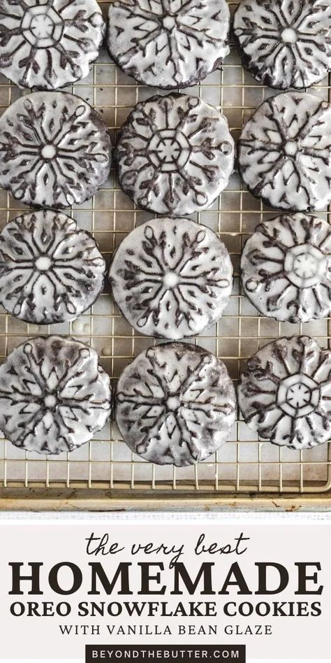 These Homemade Oreo Snowflake Cookies are a spin on the classic Oreo that's on the softer side, full of a rich, dark chocolate flavor, and dipped in a perfect vanilla bean glaze! They're wonderful for the holidays or anytime of the year with the switch of a different set of cookie stamps! Recipe on BeyondtheButter.com | #oreocookies #cookies #cookiestamps #holidaycookies #beyondthebutter #chocolate Stamped Chocolate Shortbread Cookies, Best Cookies For Cookie Stamps, Christmas Lace Cookies, Cookie Stamp Recipes Christmas, Chocolate Snowflake Cookies, Stamped Cookie Recipes, Christmas Stamp Cookies, Embossed Cookie Dough Recipe, Cookie Stamp Cookies