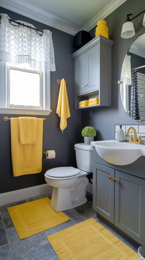 Transform your bathroom into a serene oasis with this Gray and Yellow Bathroom Decor Inspiration kit. Featuring a soothing gray tone paired with a pop of sunny yellow, this package includes a stunning wallpaper, coordinating throw pillows, and a matching shower curtain.yellow
#and
#gray
#bathroom
#decor
#ideas Navy And Yellow Bathroom, Gray And Yellow Bathroom Ideas, Grey And Yellow Bathroom Ideas, Gray Bathroom Decor Ideas, White Half Bathroom, Gray And Yellow Bathroom, Grey And Yellow Bathroom, Mustard Bathroom, Yellow And Grey Bathroom