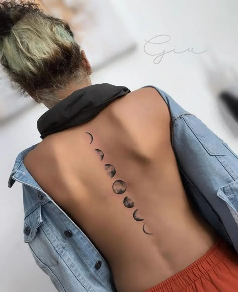 Moon Cycle Tattoo, Back Tattoo Women Spine, Spinal Tattoo, Moon Phases Tattoo, Minimal Tattoo Design, Moon Tattoo Designs, Tattoo Aesthetic, Spine Tattoos For Women, Classy Tattoos