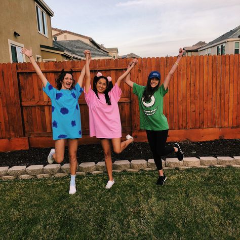 Mike Sully And Boo, Mike And Sully Costume, Sully And Boo Costume, Boo Monsters Inc Costume, Sully Costume, Boo Halloween Costume, Sully And Boo, Girl Group Halloween Costumes, Teenage Halloween Costumes