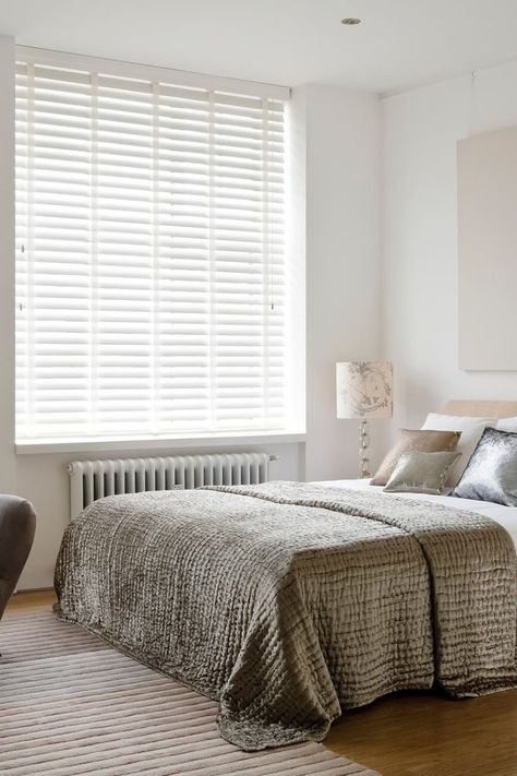 Wood Blinds Bedroom, Wooden Blinds Bedroom, Interior Design Hashtags, White Wood Blinds, Luxurious Modern Bedrooms, Blinds Bedroom, White Faux Wood Blinds, Faux Blinds, White Blinds