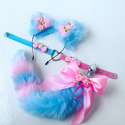 Pet Play Collars Kittens, Kawaii Outfits Pink, Cat Tail Plug, Kitten Play Gear, Kitty Play, Tail And Ears, Cat Ears And Tail, Creepy Cute Fashion, Blue Tail