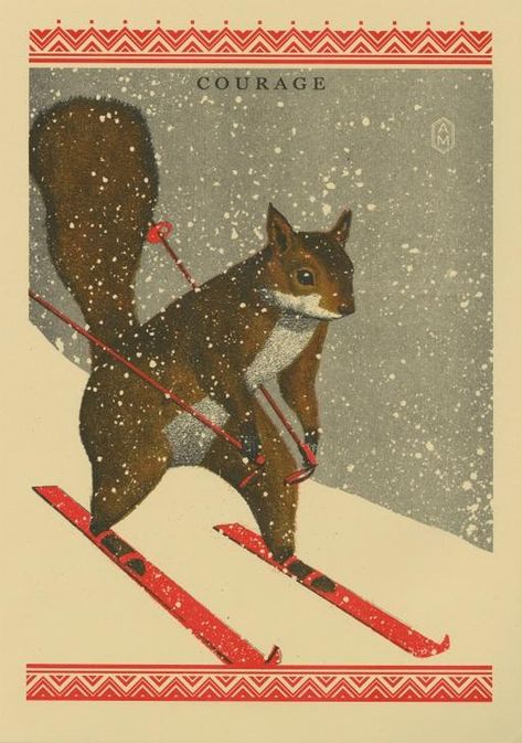 Arna Miller Illustration - Check me on Instagram @arnamiller Illustration Art Prints, Can Water, Squirrel Art, Water Ski, Downhill Skiing, Risograph Print, A Squirrel, Green Paper, Japanese Woodblock Printing