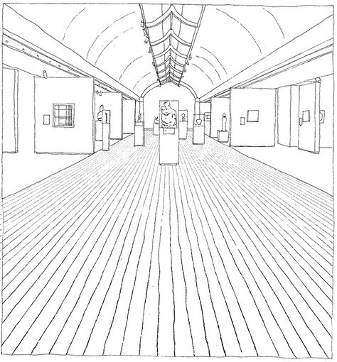 Museum Interior Sketch, Museum Perspective Drawing, Museum Sketches Architecture, Sketches Perspective, People As Cartoons, Exhibition Drawing, Museum Drawing, Museum Layout, Kimbell Art Museum