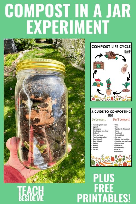 Compost Science Experiment in a Jar With Printable List Compost In A Jar, Soil Science Experiments, Ecology Crafts For Kids, Compost Activities, Preschool Steam, Earth Day Activity, Composting 101, Earth Science Lessons, Vegetable Scraps