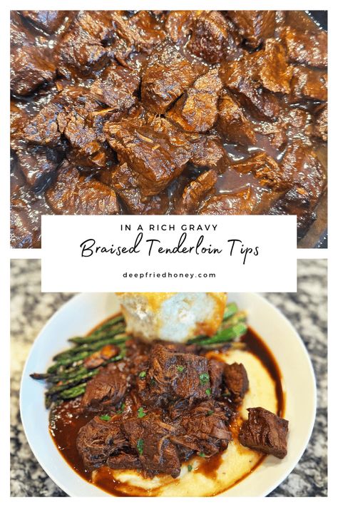 Braised Steak Tips, Beef Tenderloin Soup, Braised Beef Tips Recipes, Tenderloin Tips Recipe Crockpot, Beef Tenderloin Leftovers, Beef Tenderloin Pieces Recipes, Braised Beef Tenderloin, Small Beef Tenderloin Recipes, Tenderloin Beef Recipes