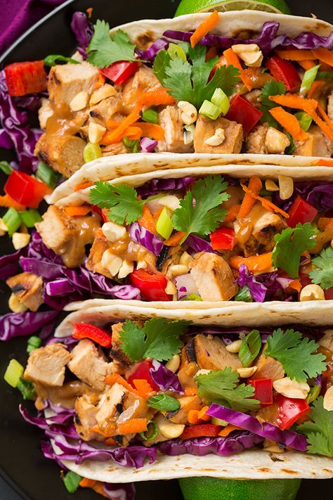 Thai Chicken Tacos with Peanut Sauce | Cooking Classy - added hoisin and chili garlic sauce to peanut sauce School Dinners, Health Dinner, Thai Chicken, Cooking Classy, Peanut Sauce, Taco Recipes, Chicken Tacos, Asian Dishes, Fresh Lime