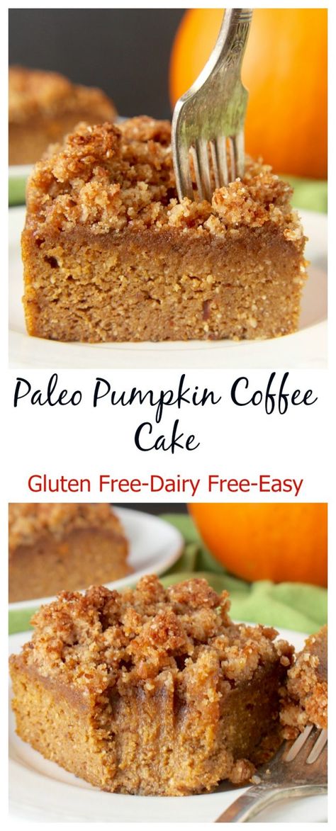 This Paleo Pumpkin Coffee Cake is the perfect fall dessert. A tender cake topped with an irresistible crumb topping. Gluten free, dairy free, and naturally sweetened. Flourless Chocolate Muffins, Paleo Pumpkin Recipes, Pumpkin Coffee Cake, Pumpkin Breakfast, Pumpkin Coffee Cakes, Paleo Recipes Breakfast, Paleo Pumpkin, Pumpkin Coffee, Cake Easy