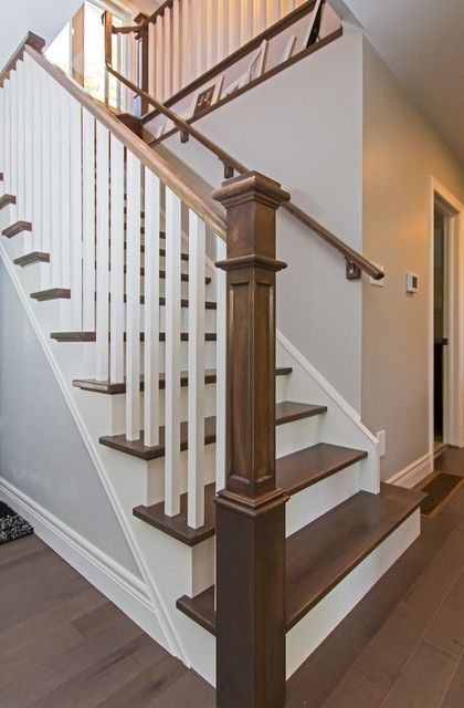 Burlington Lakeshore Second Story Addition - Craftsman - Staircase - Toronto - by White Willow Design | Houzz Craftsman Style Stairs Staircases, Wood Stairway Ideas, Traditional Farmhouse Staircase, Craftsman Banisters And Railings, Stair Newel Post Ideas, Craftsman Style Staircase, Wood Banisters And Railings, Wood Staircase Ideas, Remodel Staircase