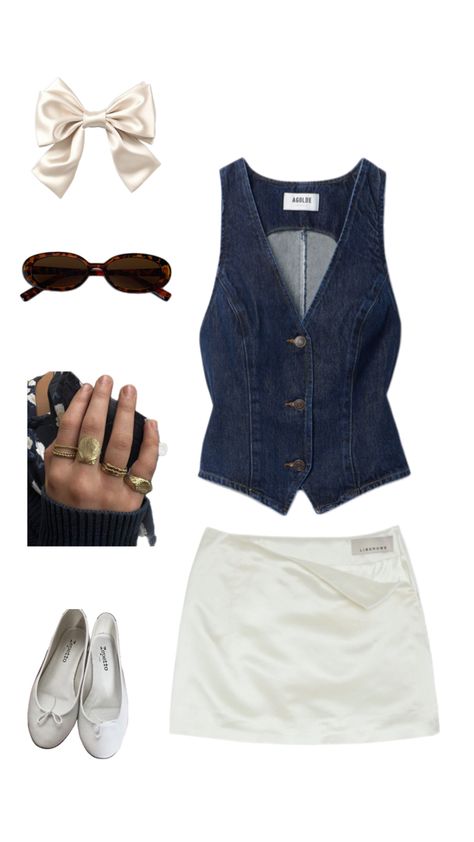 denim vest, white mini skirt, white ballet flats, gold jewelry, sunglasses, white hair bow outfits ideas Denim Vest Outfits, Denim Outfit Ideas, Mini Skirt Denim, Denim Outfits, Skirt Denim, Vest Outfits, Girls Denim, Denim Outfit, Denim Vest