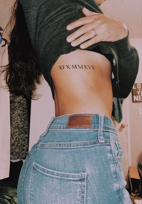 Roman Numeral Rib Tattoo, Etched Tattoo, Creative Tattoo Ideas, Rib Tattoos For Women, Roman Numeral Tattoos, Birthday Tattoo, Date Tattoos, Aesthetic Tattoos, Creative Tattoo