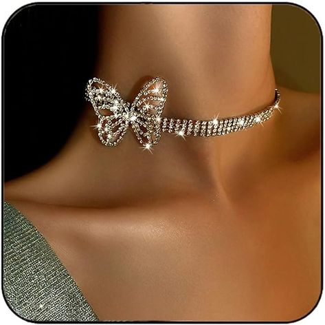 Sparkling Rhinestone Choker Necklace For Gift, Gift Rhinestone Choker Necklace With Chain, Rhinestone Jewel Choker Necklace, Trendy Crystal Rhinestone Choker Necklace, Necklaces Prom, Rhinestone Butterfly Necklace, Butterfly Choker Necklace, Choker Necklace Silver, Butterfly Choker