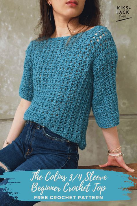 Easy 3/4 Sleeve Crochet Top Free Pattern - Kiks and Jack Crochet Chic Crochet Top, Crochet Top Free Pattern, Sleeve Crochet Top, Crochet Tunic Pattern, Crochet Sweater Free, Crochet Tee, Crochet Sweater Pattern Free, Modern Crochet Patterns, Crochet Sweaters