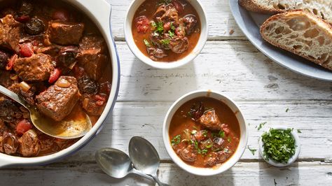 Braised dishes like this beef stew may feature green, orange, yellow or red vegetables but their most appetizing color is brown, the shade of brown whose glossy darkness shouts intensity and richness The key to achieving that glorious color and flavor is sufficient browning of the meat Don't rush Prune Recipes, Red Vegetables, Cold Weather Food, Nyt Cooking, Beef Stew Recipe, Plum Tomatoes, Saute Onions, Feeding A Crowd, Riesling