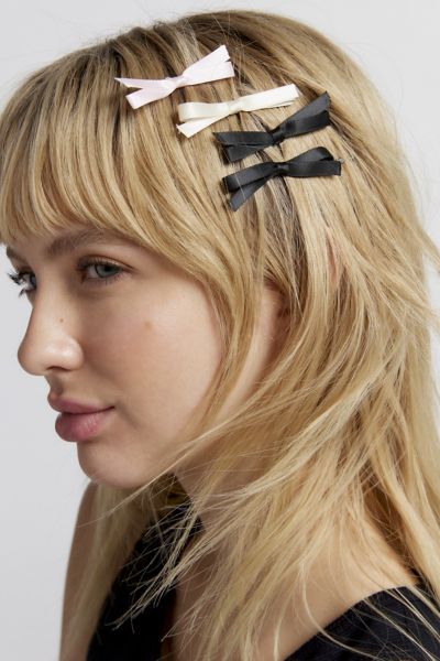 Mini satin bows set atop of slider hair pins for a femme touch. Set of six. Content + Care. Set of 6 Textile, mixed metal Spot clean Imported Work Hair, Layered Mini Skirt, Mini Bow, Easy Summer Hairstyles, Work Hairstyles, Bow Accessories, Mini Bows, Hair Slide, Sleek Ponytail