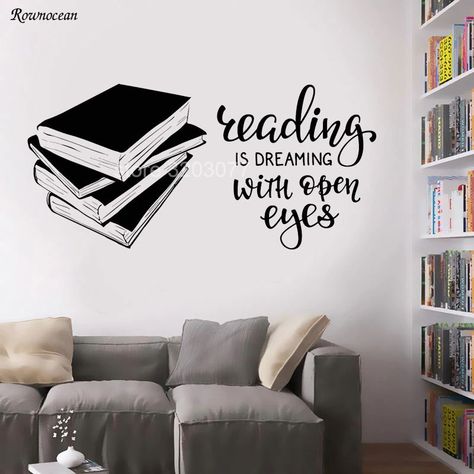 Vinyl Art Wall, School Library Decor, Simple Wall Paintings, Creative Wall Painting, Reading Books Quotes, Reading Wall, Wall Art Diy Paint, School Wall Art, Diy Wall Painting