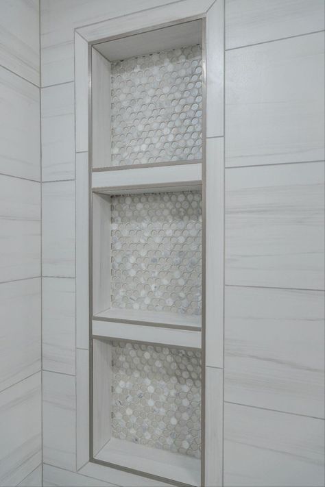 Vertical Niche Design, Tile Shower Cubby, Offset Shower Niche, 3 Niche In Shower Wall, Multiple Shower Niches, Bath Tile Ideas Tub Surround With Niche, Bathroom Shower Niche Ideas Built Ins, Vertical Shower Niche Ideas, Bathroom Tub Niche Ideas