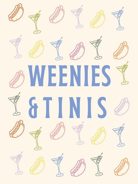 Weenies and Tinis Party pattern Template | Tinis and Weenies Party | Bachelorette Party | Birthday Party Funny Themes, Adios To My Twenties Party, Birthday Party Drinks For Adults, Funny Party Decorations, Bachelorette Details, April Party Themes, Vintage Bachelorette Party Themes, Winies And Tinis, Weiner Dog Bachelorette Party