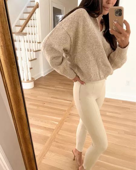 Kat Jamieson of With Love From Kat wears a cozy sweater for fall with faux leather leggings. Leggings run small so size up! Neutral Leggings, Kat Jamieson, Cream Leggings, Classic Sweater, Cozy Sweater, Faux Leather Leggings, Leather Leggings, Cozy Sweaters, Athleisure