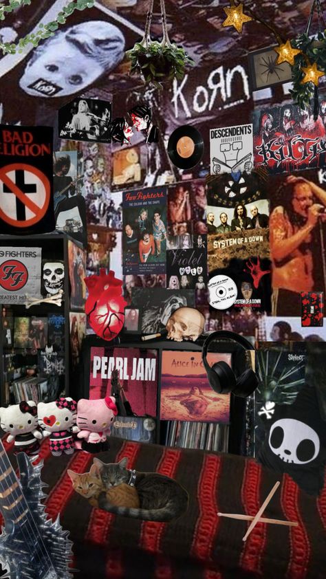 me and my bf core #grunge #metal #bedroom #cats #punk 70s Punk Bedroom, Punk Rock Decor, Metal Head Room, Punk Bedroom Ideas, Punk Bedroom Aesthetic, Punk Room Decor, Metalhead Room, Punk Rock Room, Emo Bedroom