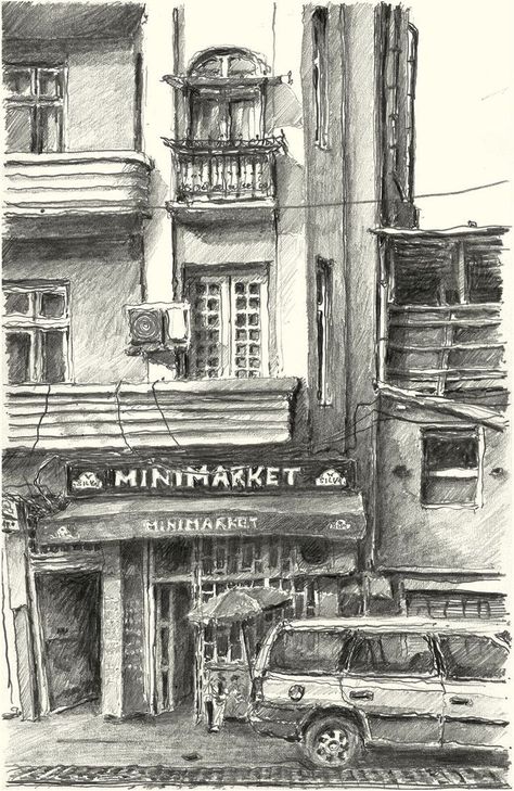 Cityscape Pencil Drawing, Graphite Drawings Ideas Inspiration, Fine Line Pen Art, Pencil Art Drawings Landscape, Scenery Sketch, Art Alevel, Graphite Art, Building Sketch, Architecture Sketchbook