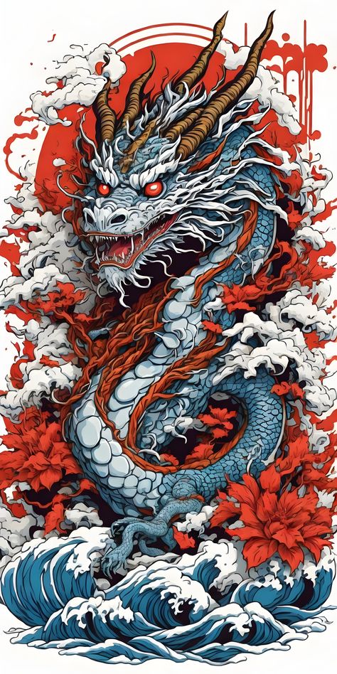 illustration of japanese dragon, JAPANESE OCEAN detailed design for streetwear and urban style t-shirts design, hoodies, etc Pro Vector, high quality, digital art Uv Poster, Mascara Hannya, Dragon Tattoo Outline, Tiger Paintings, Chinese Dragon Art, Viking Embroidery, Red Dragon Tattoo, Wallpaper Display, Chinese New Year Poster