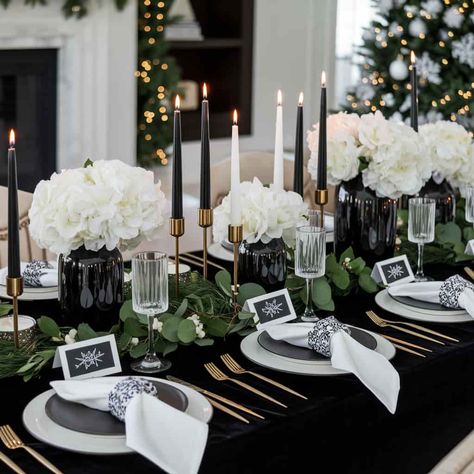 Black and White Christmas Decor Ideas: Minimalist Holiday Magic - Plumbing Advice24 Christmas Tablescapes Black And White, Christmas Dinner Table Settings Black, Black Christmas Tablescape, Black And Gold Christmas Table Decor, Black And White Christmas Table Decor, Black Christmas Table Setting, Black And White Christmas Table, Black And White Table Decor, Black And White Tablescapes