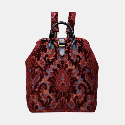 Discover luxury and functionality with our Burnout Velvet Wine Carpet Laptop Backpack. Crafted by Carpetbag of America, it blends opulent velvet with practical design, offering style and convenience in one. Perfect for those who value sophistication on the go. Eclectic Townhouse, Dream Backpack, Elegant Backpack, Carpet Bags, Traditional Carpet, Carpet Fabric, Burnout Velvet, Fantasy Closet, Carpet Bag