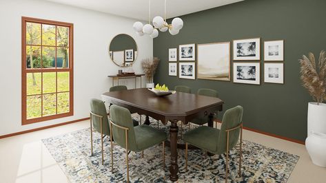 Sage Green Dining Room Chairs, Green And Cream Dining Room, Dark Green Dining Room Walls, Green Accent Wall Dining Room, Olive Dining Room, Green And Gold Dining Room, Olive Green Dining Room, Green Dining Room Walls, Poinsettia Centerpiece