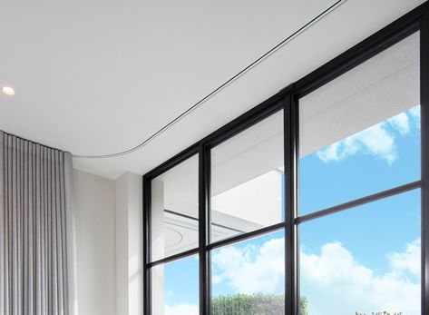 Flush-Mounted Curved Curtain Tracks – Manual and Electric – TrackTrim by Blindspace Recessed Curtain Track, Electric Curtains, Curved Curtain, Luxury Drapery, Curtain Track System, Corner Curtains, Ceiling Curtain Track, Curtain Tracks, Shaped Windows