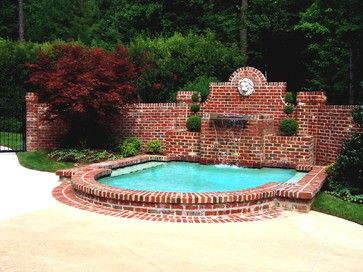 Brick Walled Courtyard - traditional - landscape - dc metro - LandVision Studio Pool Brick Wall, Brick Pool Deck, Pool With Brick Wall, Brick Hot Tub, Brick Wall Waterfall, Brick Wall Fountain Pool, Brick Wall Gardens, Patio Fountain, Swimming Pool Pond