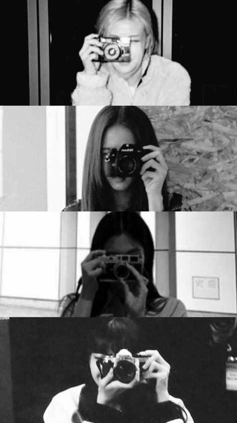 Blackpink With Camera, Blackpink Black, Rosé Blackpink Aesthetic, Blink Book, Rosé Aesthetic, Black Hair Kpop, Blackpink Members, Black And White Wallpaper, Black And White Posters