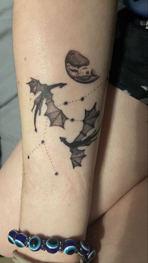 Dragon And Moon Tattoo For Women, Star Dragon Tattoo, Dragon And Stars Tattoo, Dragon Constellation Tattoo, Celestial Dragon Tattoo, Moon And Dragon Tattoo, Space Dragon Tattoo, Moon Dragon Tattoo, Dragon And Moon Tattoo