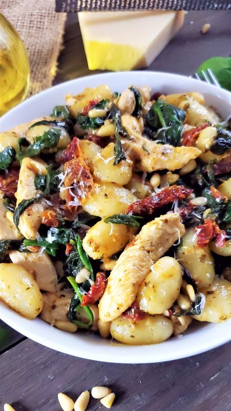 Pesto Chicken and Gnocchi - Bacon & Vodka Gnocchi Recipes Chicken, Pesto Gnocchi Recipes, Pesto Chicken Gnocchi, Gnocchi Bacon, Vodka Chicken, Gnocchi Recipes Healthy, Bacon Vodka, Pesto Dishes, Chicken And Gnocchi