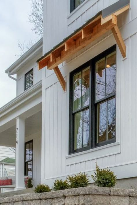 Modern Farmhouse. Love the black windows. Farmhouse Window Exterior, Exterior Window Awnings Modern Farmhouse, Black Farmhouse Windows, Black Windows On White House, Farmhouse Exterior Windows, Farmhouse Picture Window, White Farmhouse Black Windows, White House Black Windows Exterior, Farmhouse Windows Exterior