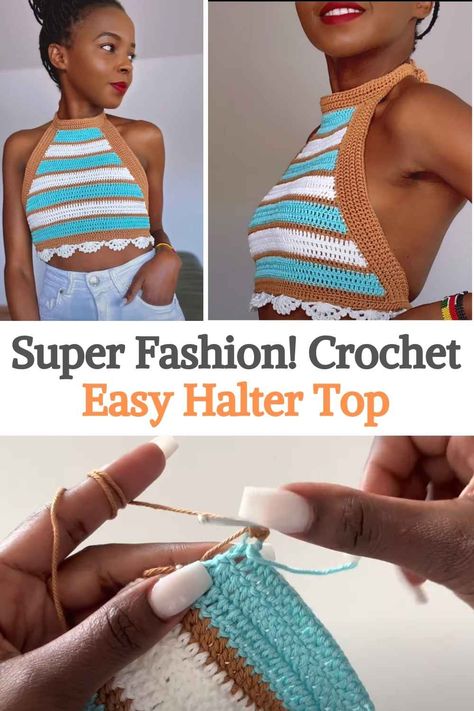 Crochet Borders For Tops, Halter Neck Top Pattern, Easy Crochet Halter Top, Crochet Halter Top Pattern Free, Quick Easy Crochet, Crochet Halter Top Pattern, Crochet Apparel, Halter Top Pattern, Crochet Tee