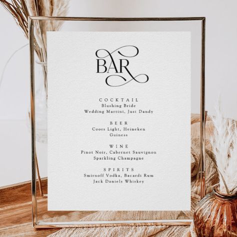 Classic Script The Bar Wedding Drinks Menu Sign Alcohol Wedding, Wedding Drink Menu Sign, Menu Minimalist, Tea Party Menu, Wedding Alcohol, Wedding Table Menus, Wedding Drink Menu, Wedding Bar Menu Sign, Bar Menu Sign