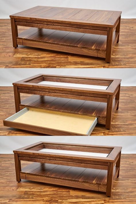 A custom hand-crafted gaming coffee table with sliding storeage shelf and easy to access gaming vault. Create your own gaming table design today at https://www.uniquely-geek.com/custom-gaming-tables/ Game Coffee Table Diy, Coffee Tables For Board Games, Coffee Table For Puzzles, Video Game Coffee Table, Multipurpose Game Table, Coffee Table Game Table, Board Game Coffee Table, Puzzle Table Plans, Gaming Table Design