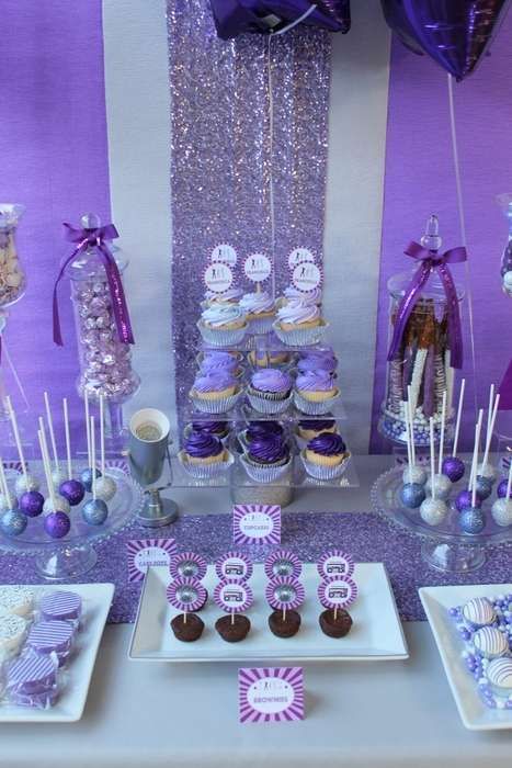 Purple Birthday Set, Euphoria Themed Desserts, Euphoria Dessert Table, Purple Dessert Shooters, Euphoria Party Table Decor, Sour 17 Birthday Party, Quinceanera Dessert Table Ideas Lavender, Purple Dessert Table Ideas, Light Purple Birthday Party Ideas