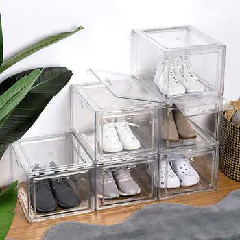 Storage & Organization  | Costco Shoe Box Storage, Closet Hacks, Kids Sleeping Bags, Layered Fits, Clear Shoes, Clear Box, Storage Units, Stackable Storage, Door Makeover