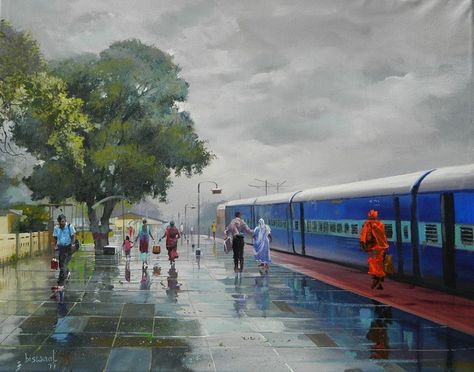 A ticket examiner captures the beauty of Indian Railways in these colourful paintings Urban Watercolor, Train Drawing, Poster Color Painting, Human Sketch, Painting Simple, Composition Painting, Bo Bartlett, Indian Railways, Train Art