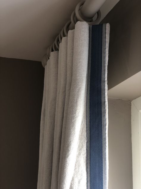 Curtain Leading Edge, Linen Curtains With Trim, Curtains With Trim Living Room, Leading Edge Trim Curtains, Curtains With Trim, Curtain Border, Blinds Inspiration, Wooden Curtain Poles, Navy Curtains