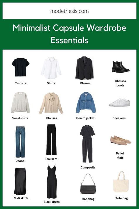 I listed all the items you need in this minimalist capsule wardrobe essentials. The amount for each pieces are adjustable based on your preference and lifestlye. Learn how to build a minimalist capsule wardrobe in this post! I share how to create one, essential items and outfit ideas. Essential Clothing Items For Women, Closet Basics For Women Minimalist, Basic Essential Wardrobe, Minimalist List Of Belongings, Essential Clothes For Women Closet, Minimal Outfit Ideas For Women, Essential Clothing Pieces Woman, Essential Outfits, Closet Essentials For Women