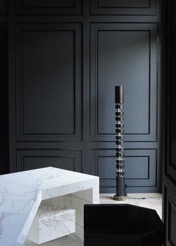 Wall paneling in black | P | Matt Black Walls with Carrara Marble Desk - Joseph Dirand: Joseph Dirand, Marble Desk, Painted Vanity, Dark Interiors, Wall Molding, Wood Panel Walls, Black Walls, Wall Treatments, Elle Decor